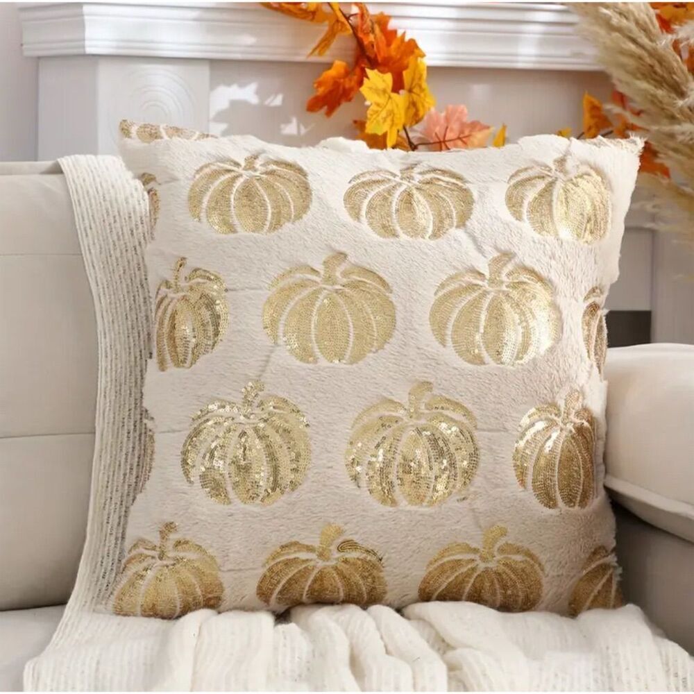 Halloween Gold Pumpkin Sequin Throw Pillow Cover 20inx20in Living/Bedroom Decor